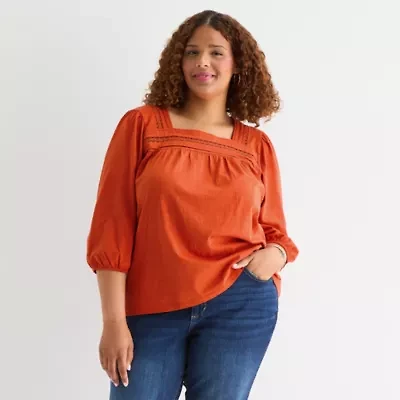St. John's Bay Womens Square Neck 3/4 Sleeve Plus Blouse