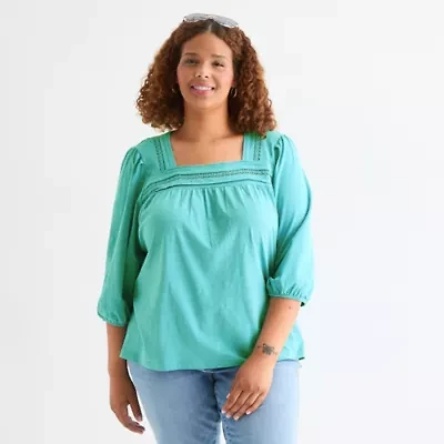 St. John's Bay Womens Plus Square Neck 3/4 Sleeve Blouse