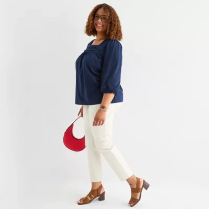 St. John's Bay Womens Square Neck 3/4 Sleeve Plus Blouse