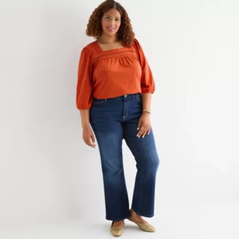 St. John's Bay Womens Square Neck 3/4 Sleeve Plus Blouse