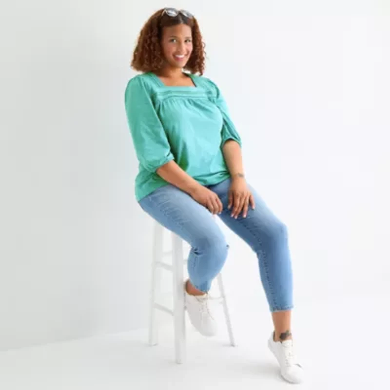 St. John's Bay Womens Plus Square Neck 3/4 Sleeve Blouse