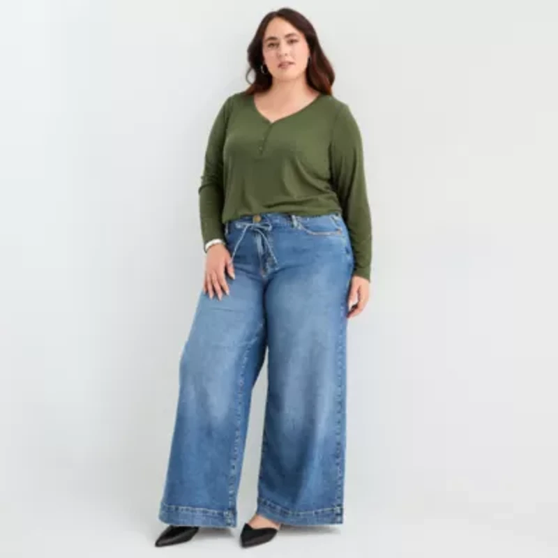 a.n.a Womens Plus Long Sleeve Regular Fit Henley Shirt