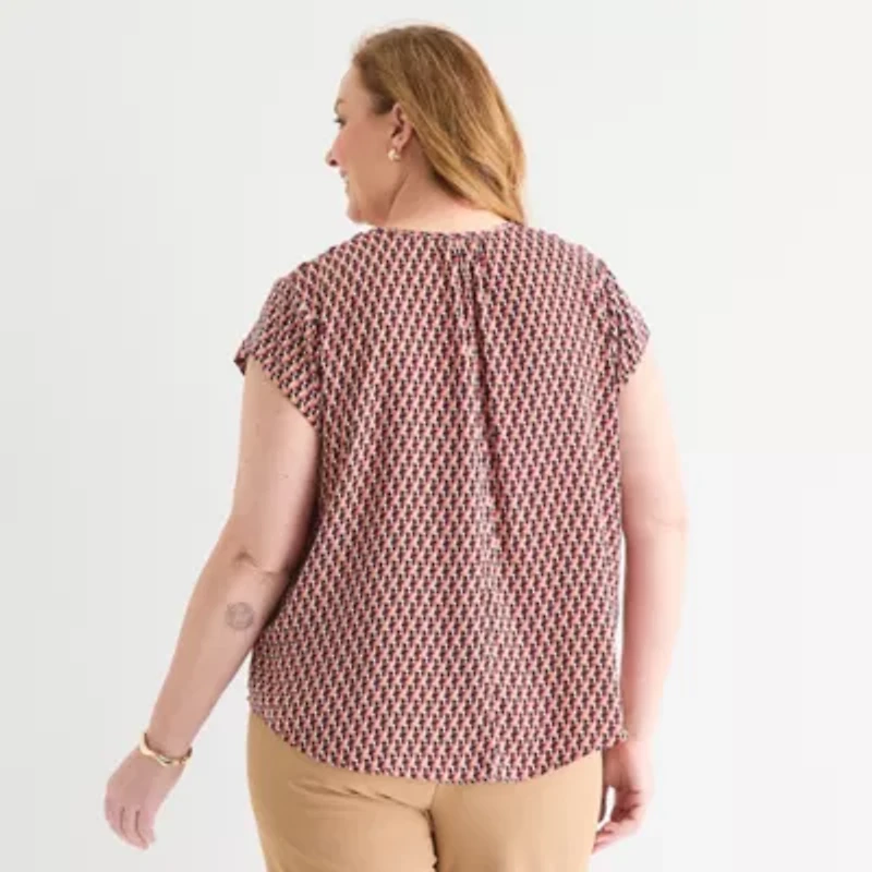 Liz Claiborne Womens Crew Neck Short Sleeve Satin Plus Blouse