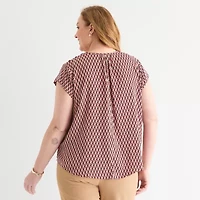 Liz Claiborne Womens Crew Neck Short Sleeve Satin Plus Blouse