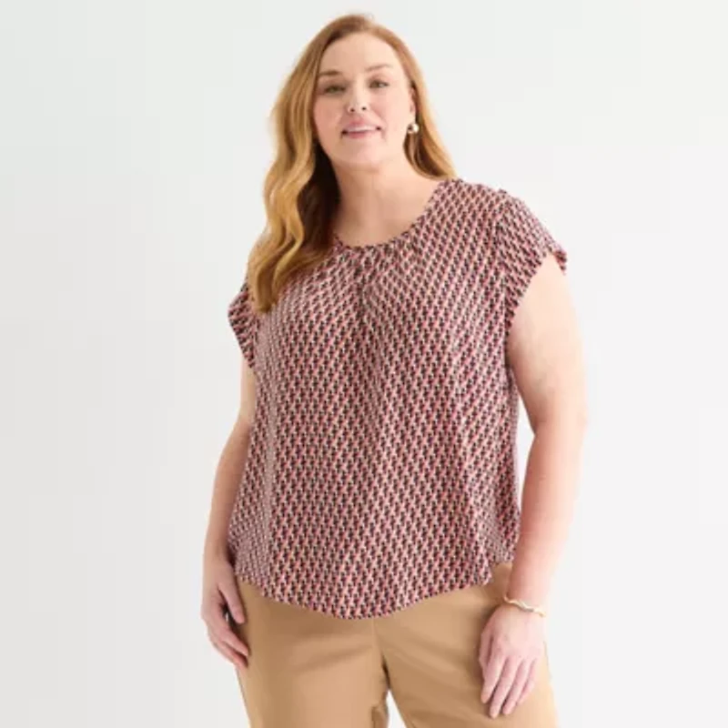 Liz Claiborne Womens Crew Neck Short Sleeve Satin Plus Blouse
