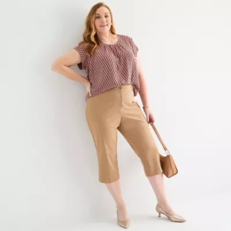 Liz Claiborne Womens Crew Neck Short Sleeve Satin Plus Blouse
