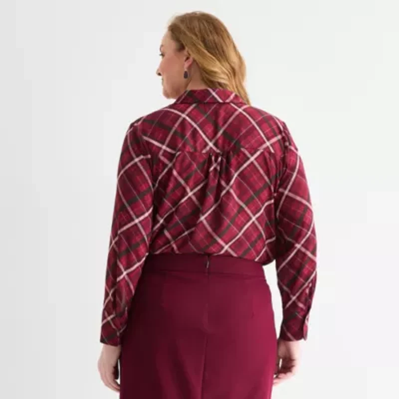 Liz Claiborne Womens Long Sleeve Fitted Regular Fit Plus Button-Down Shirt