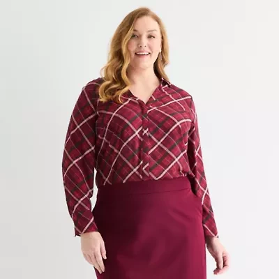 Liz Claiborne Womens Long Sleeve Fitted Regular Fit Plus Button-Down Shirt