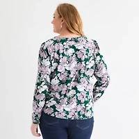 Liz Claiborne Womens Plus Keyhole Neck Long Sleeve Blouse
