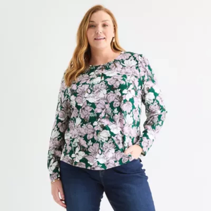Liz Claiborne Womens Plus Keyhole Neck Long Sleeve Blouse