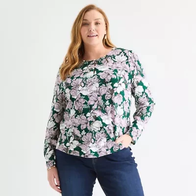 Liz Claiborne Womens Plus Keyhole Neck Long Sleeve Blouse