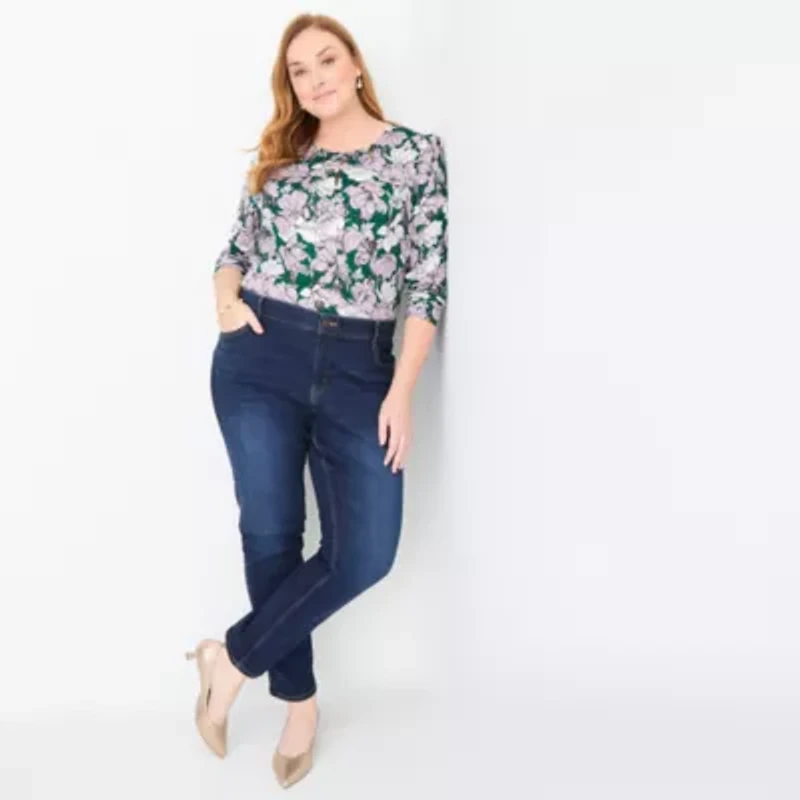 Liz Claiborne Womens Plus Keyhole Neck Long Sleeve Blouse