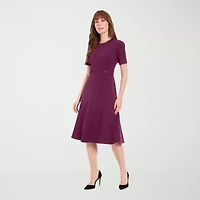 London Times Womens Short Sleeve Fit + Flare Dress