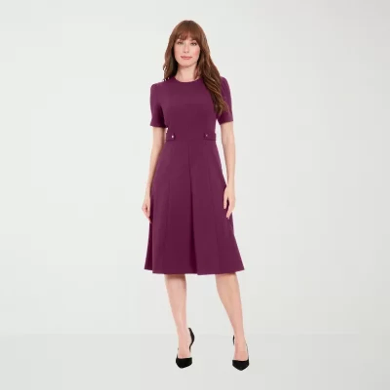 London Times Womens Short Sleeve Fit + Flare Dress