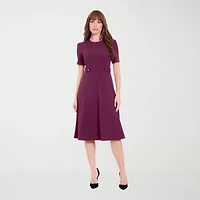 London Times Womens Short Sleeve Fit + Flare Dress