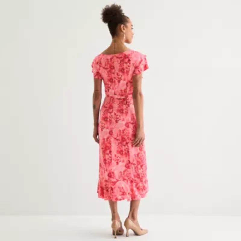 Perceptions Womens Short Sleeve Floral Midi Fit + Flare Dress