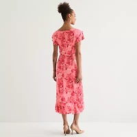 Perceptions Womens Short Sleeve Floral Midi Fit + Flare Dress