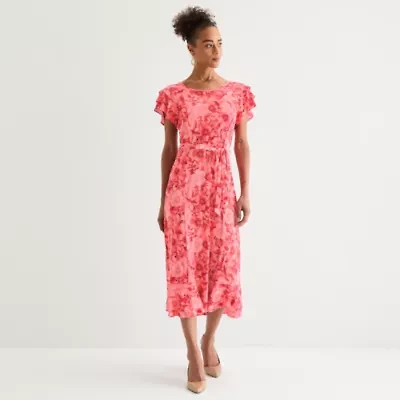 Perceptions Womens Short Sleeve Floral Midi Fit + Flare Dress