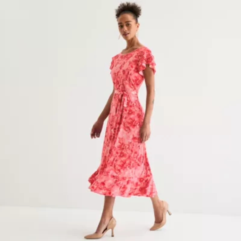 Perceptions Womens Short Sleeve Floral Midi Fit + Flare Dress