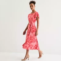Perceptions Womens Short Sleeve Floral Midi Fit + Flare Dress
