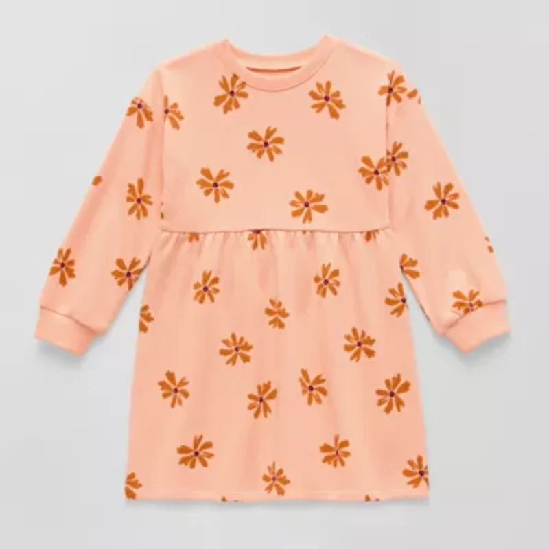 Okie Dokie Toddler & Little Girls Long Sleeve Cuffed Floral Sweatshirt Dress