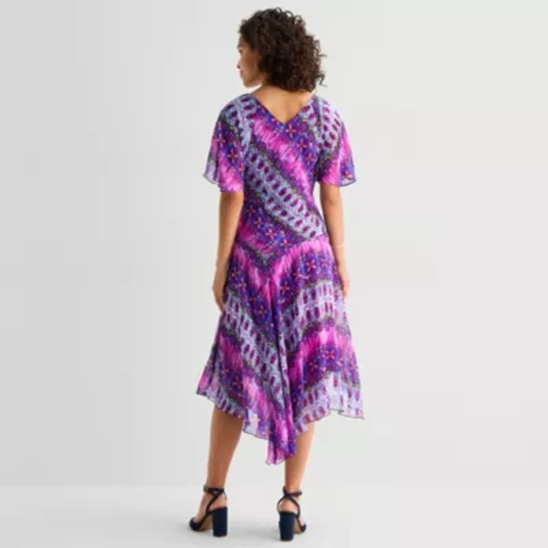 Rabbit Rabbit Rabbit Design Womens V Neck Short Sleeve Flutter Abstract Fit + Flare Dress