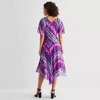Rabbit Rabbit Rabbit Design Womens V Neck Short Sleeve Flutter Abstract Fit + Flare Dress