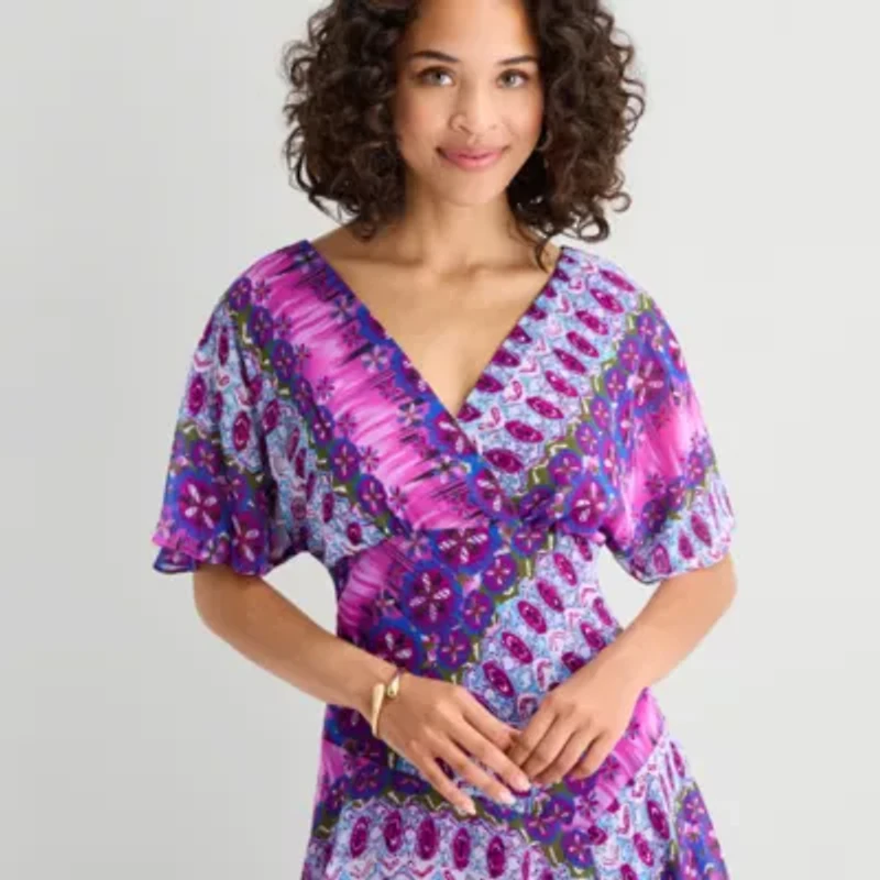 Rabbit Rabbit Rabbit Design Womens V Neck Short Sleeve Flutter Abstract Fit + Flare Dress