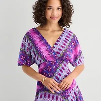 Rabbit Rabbit Rabbit Design Womens V Neck Short Sleeve Flutter Abstract Fit + Flare Dress