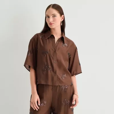 Worthington Womens Drop Shoulder Short Sleeve Regular Fit Button-Down Shirt