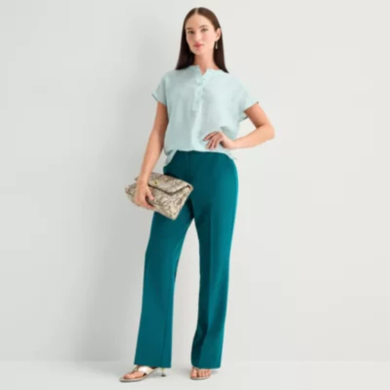 Worthington Womens Henley Neck Short Sleeve Blouse