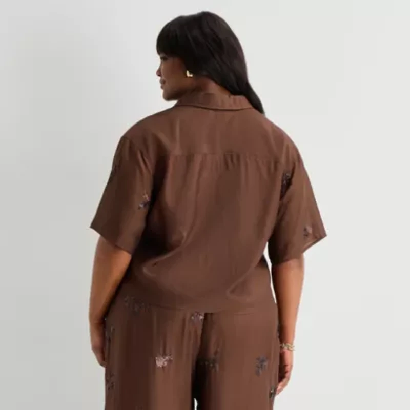 Worthington Womens Plus Drop Shoulder Short Sleeve Regular Fit Button-Down Shirt
