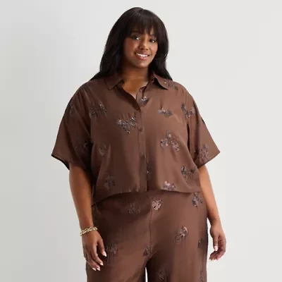 Worthington Womens Plus Drop Shoulder Short Sleeve Regular Fit Button-Down Shirt