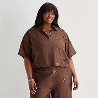 Worthington Womens Plus Drop Shoulder Short Sleeve Regular Fit Button-Down Shirt