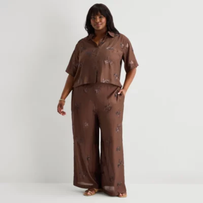 Worthington Womens Plus Drop Shoulder Short Sleeve Regular Fit Button-Down Shirt