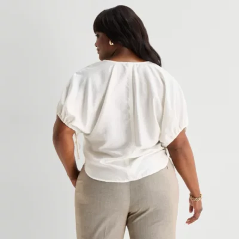 Worthington Womens Split Crew Neck Elbow Sleeve Blouse