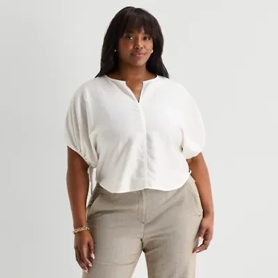 Worthington Womens Split Crew Neck Elbow Sleeve Blouse