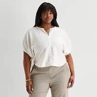 Worthington Womens Split Crew Neck Elbow Sleeve Blouse