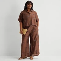 Worthington Womens Plus Wide Leg High Rise Pull-On Pant