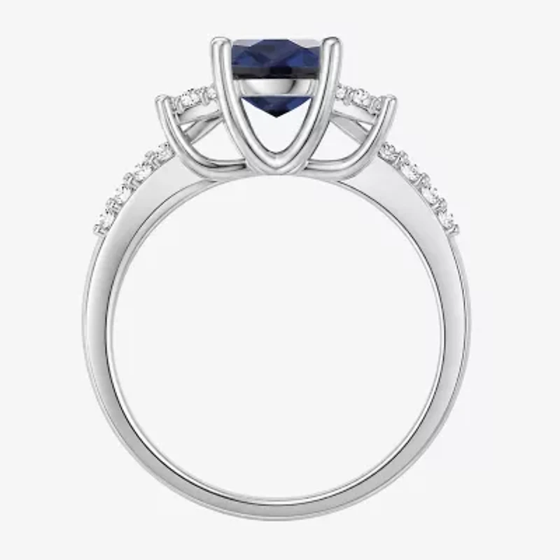 Womens Lab Created Blue Sapphire Sterling Silver Oval Side Stone Cocktail Ring