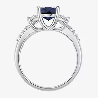 Womens Lab Created Blue Sapphire Sterling Silver Oval Side Stone Cocktail Ring