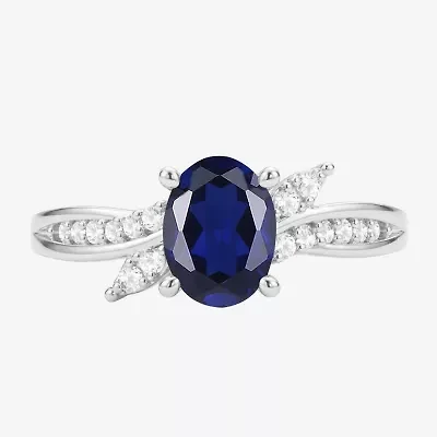 Womens Lab Created Blue Sapphire Sterling Silver Oval Side Stone Cocktail Ring