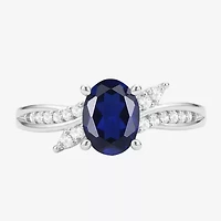Womens Lab Created Blue Sapphire Sterling Silver Oval Side Stone Cocktail Ring