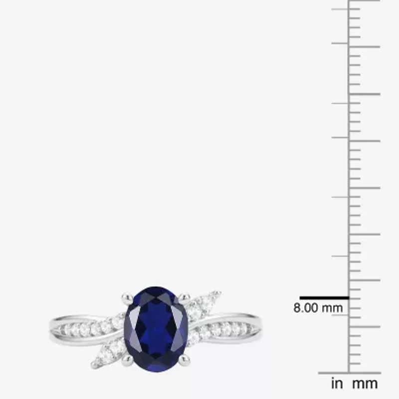 Womens Lab Created Blue Sapphire Sterling Silver Oval Side Stone Cocktail Ring