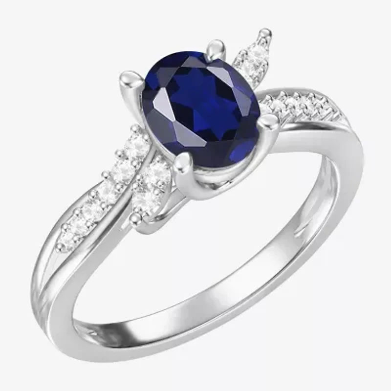 Womens Lab Created Blue Sapphire Sterling Silver Oval Side Stone Cocktail Ring