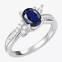 Womens Lab Created Blue Sapphire Sterling Silver Oval Side Stone Cocktail Ring