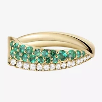 Womens 2MM Lab Created Green Emerald 14K Gold Over Silver Band