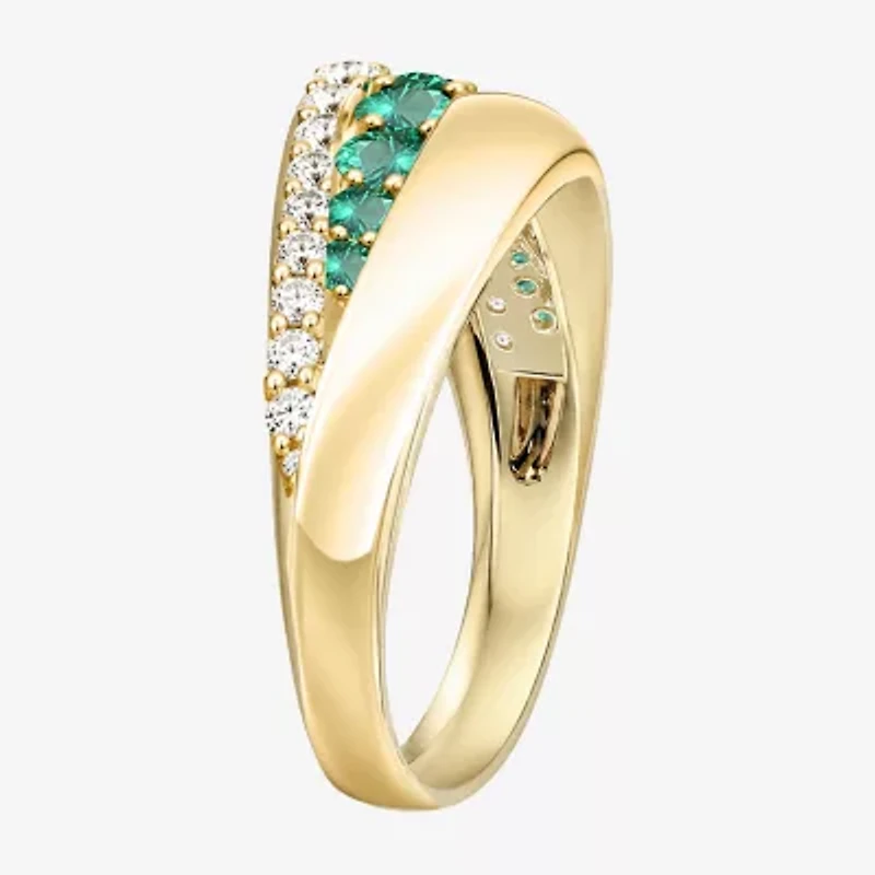 Womens 2MM Lab Created Green Emerald 14K Gold Over Silver Band