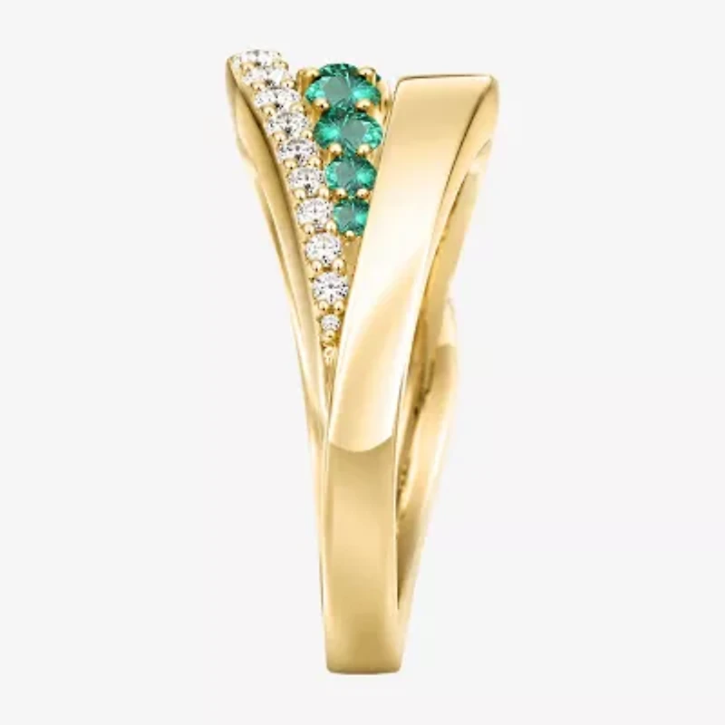 Womens 2MM Lab Created Green Emerald 14K Gold Over Silver Band