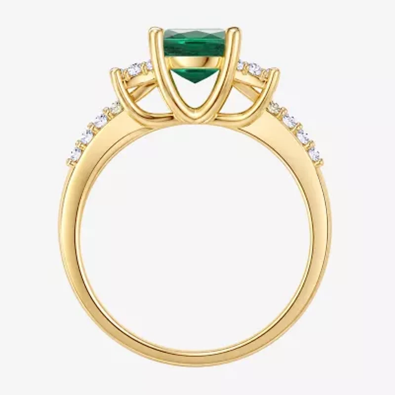 Womens Lab Created Green Emerald 14K Gold Over Silver Oval Side Stone Cocktail Ring